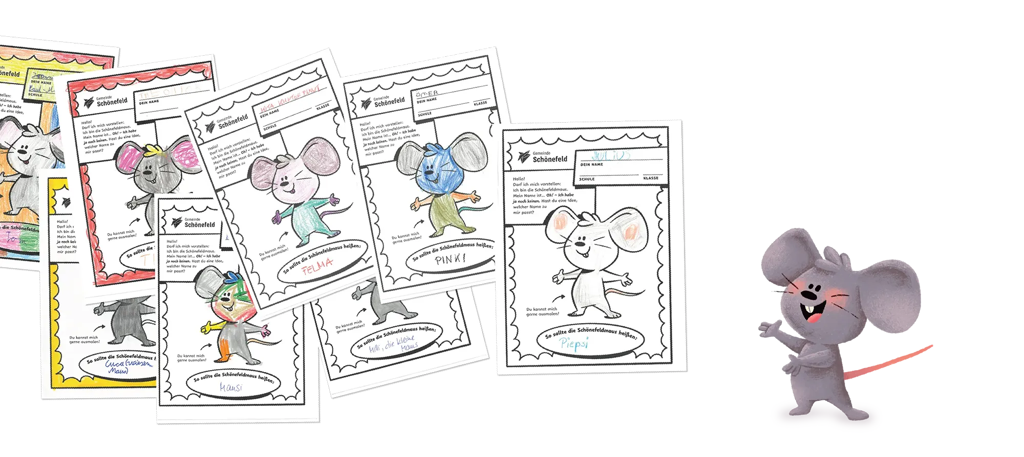 Die Schnönefeldmaus Piepsi präsentiert die Arbeitsblätter von Schulkinder zur Namensfindung von Piepsi