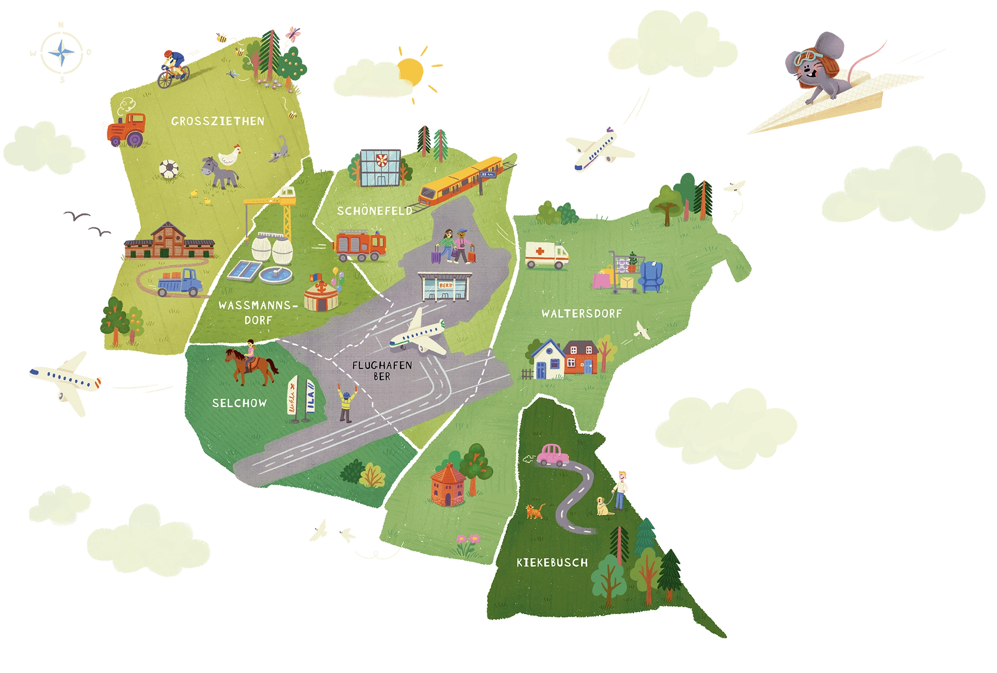 Eine illustrierte Karte der Gemeinde Schönefeld ihrer Ortsteile mit vielen kleinen Elementen, wie Flugzeugen, Pferden, Gebäuden, Bäumen, Straßen und der Schönefeldmaus in ihrem Papierflieger