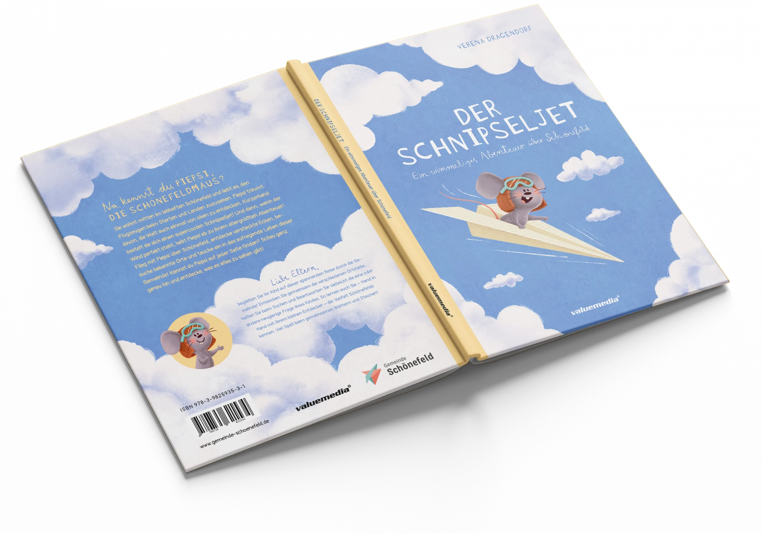 EIn Mockup des aufgeschlagenen Buchs mit Cover und Rückseite von „Der Schnipseljet“