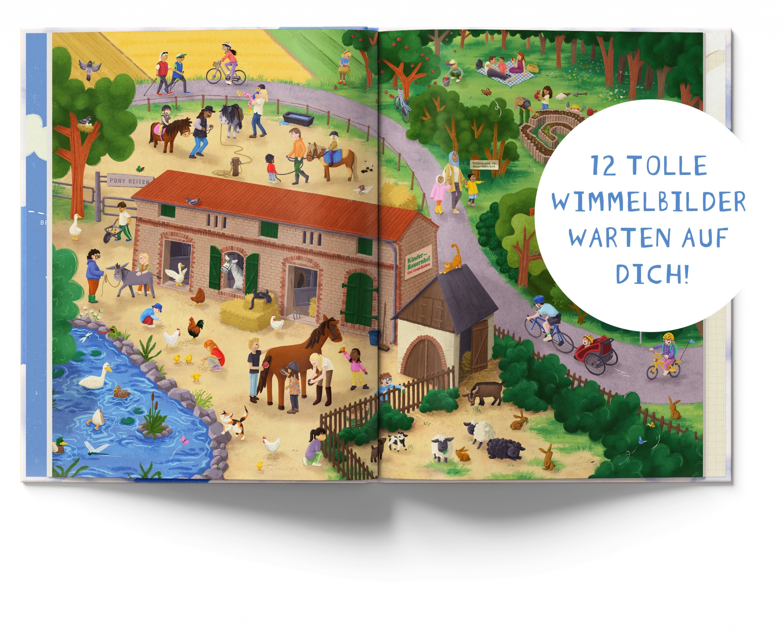 Innenseite des Buchs zeigt einen belebten Wald- und Feldbereich sowie einen Bauernhof mit vielen Tieren. Über das Buch ist ein Sticker mit der Aufschrift „12 Tolle Wimmelbilder warten auf dich!“ geklebt.