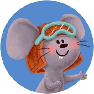 Favicon der Schönefeldmaus Piepsi auf blauem Hintergrund. Die Maus trägt eine türkise Brille und einen braun/orangenen Helm